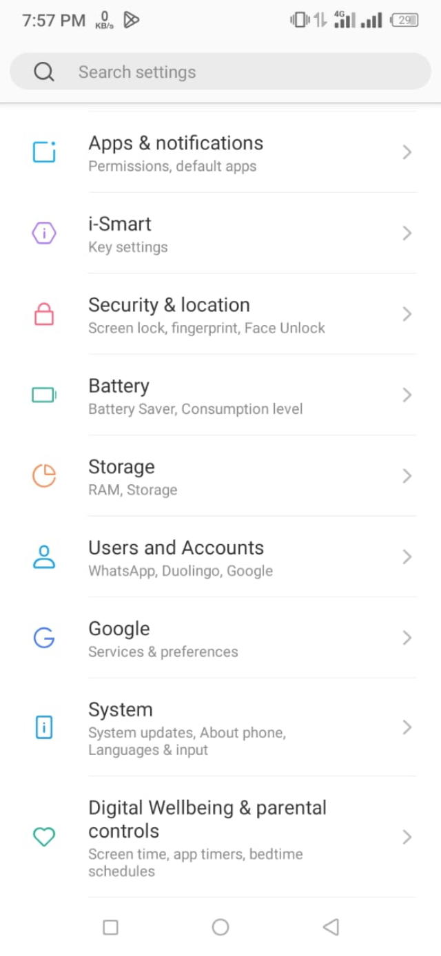 Android mobile settings