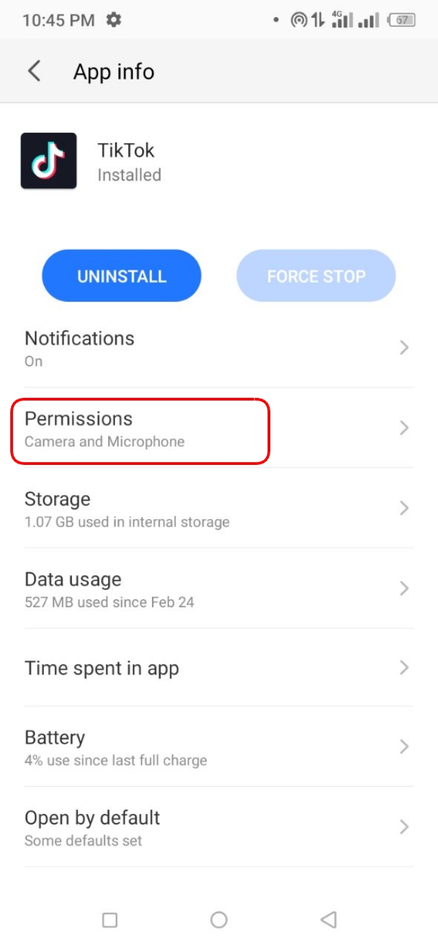 টিকটক অ্যাপসটির App Info থেকে Permission অপশন