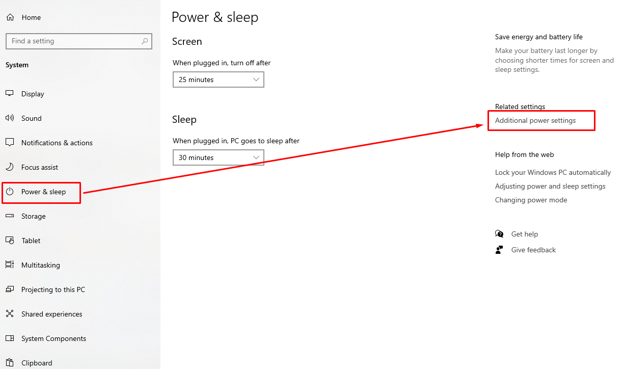 Windows Additional power settings